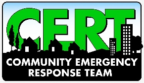 Community Emergency Response Team Logo - CERT in green over Community Emergency Response Team in white over a black background with a suburban skyline
