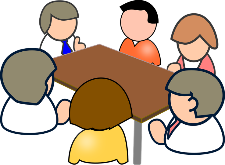 Conference clip art - group of faceless figures huddled in a group meeting